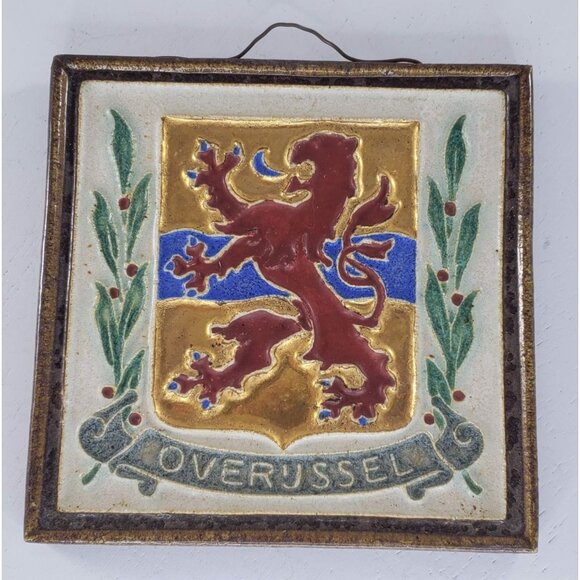 Porceleyne Fles Royal Delft Cloisonne Tile Overussel Coat Arms Wall Hanging - Picture 1 of 6